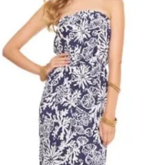 Lilly Pulitzer Emmett Maxi In the Groove Navy White Strapless Dress Sz Small - Picture 2 of 6